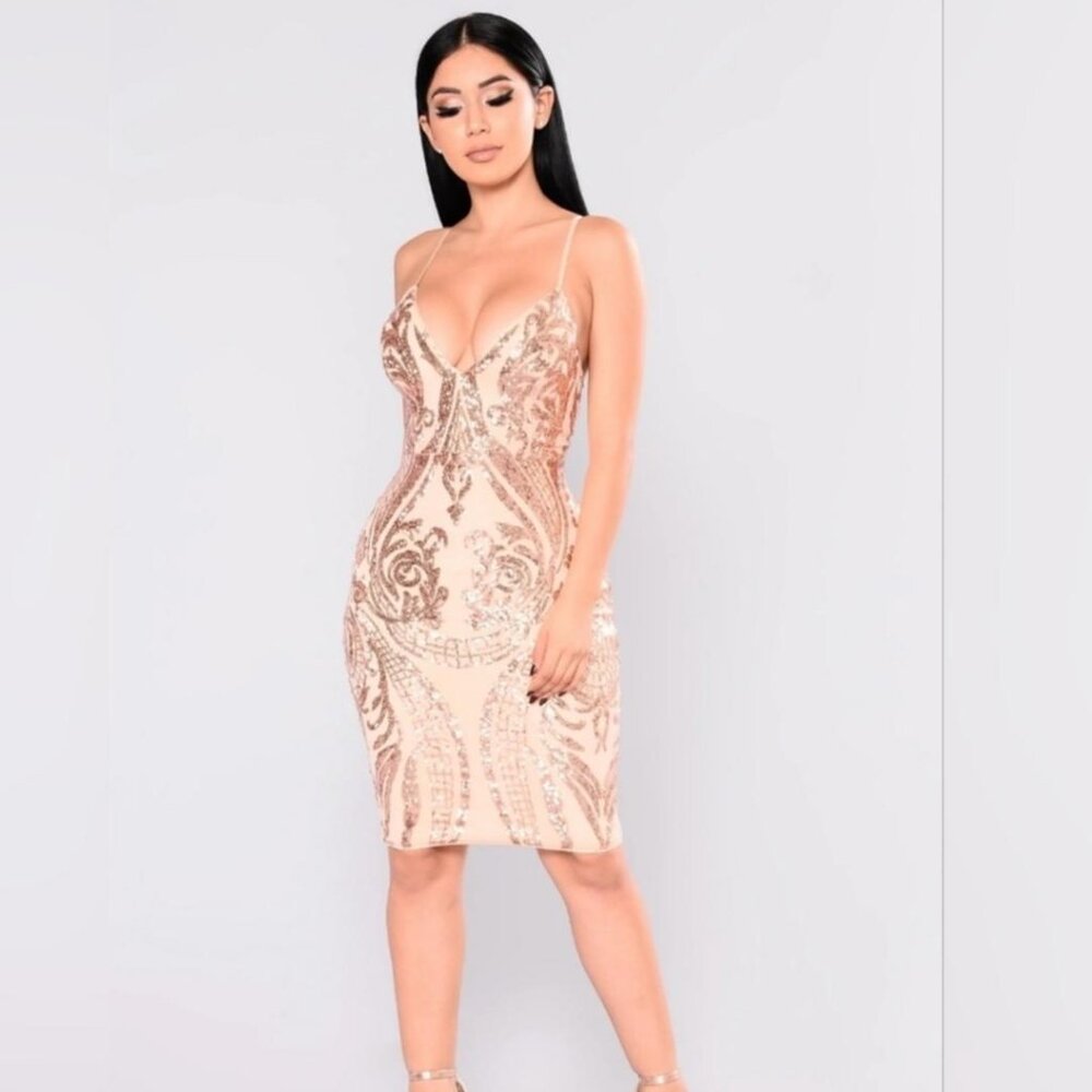 Fashion Nova Ashe Sequin Dress - Rose Gold, Size: XL